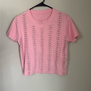 Pink Short-Sleeve Knit Top with Eyelet Stripe Detail